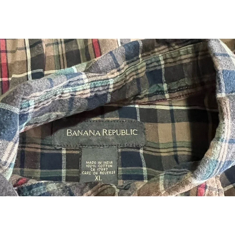 Banana Republic Mens XL 100% Cotton Plaid Short Sleeve Button Front Shirt
